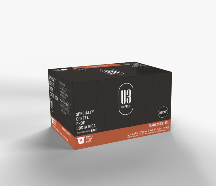 12 Single Serve Fully Recyclable Pods of DECAF Tarrazu Estate single-origin Costa Rican medium roast coffee from U3 Coffee.