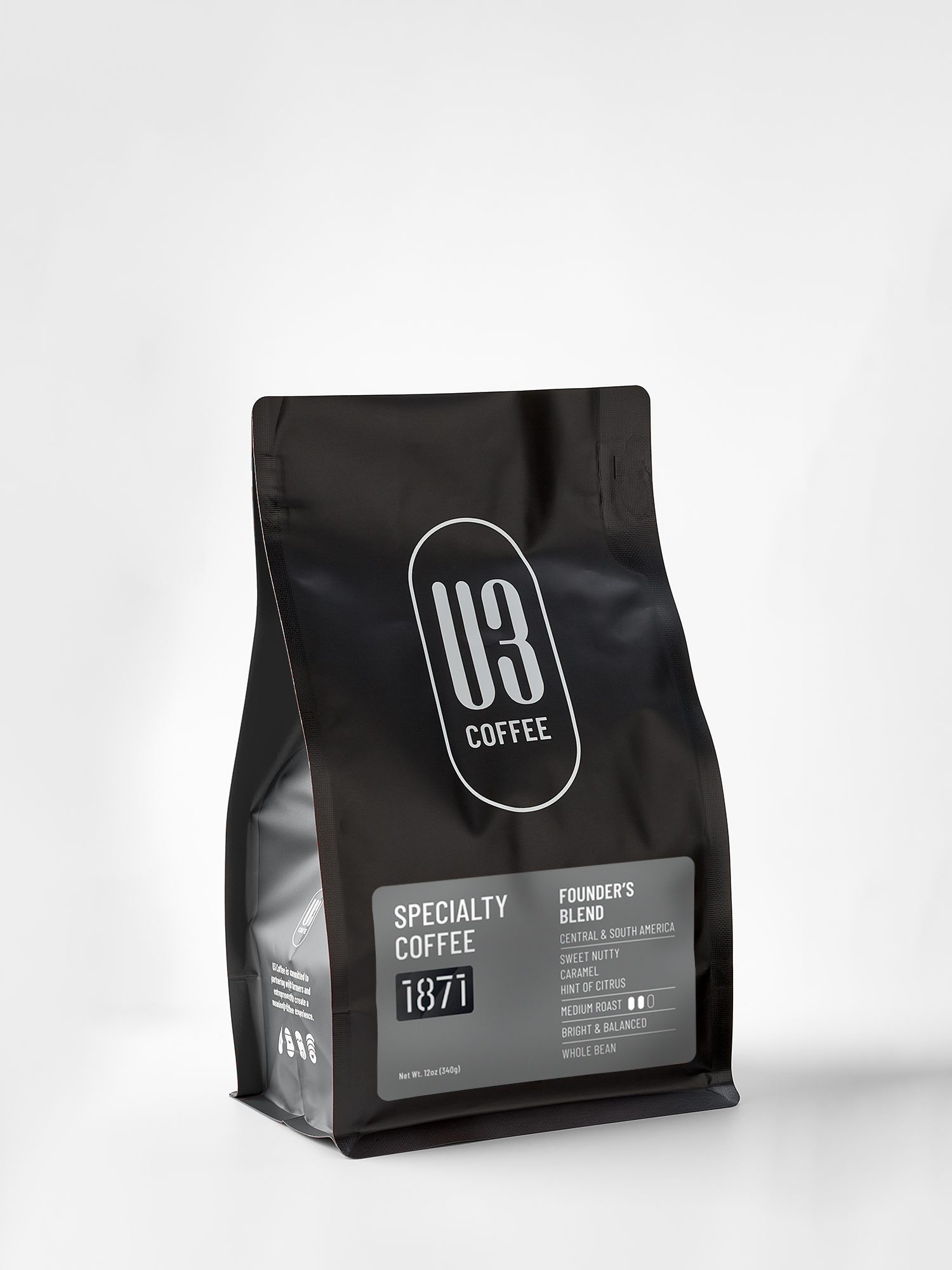 12oz. bag of Exclusive 1871 Founder's Blend medium roast blend of Central & South American beans from U3 Coffee.