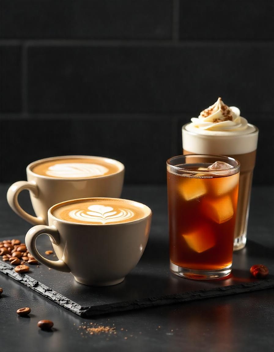 Variety of coffee drinks: latte, cappuccino, iced coffee, mocha