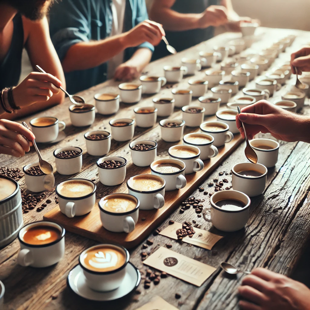 A coffee tasting party setup with multiple white ceramic cups filled with coffee arranged on a rustic wooden table. Several people are leaning over