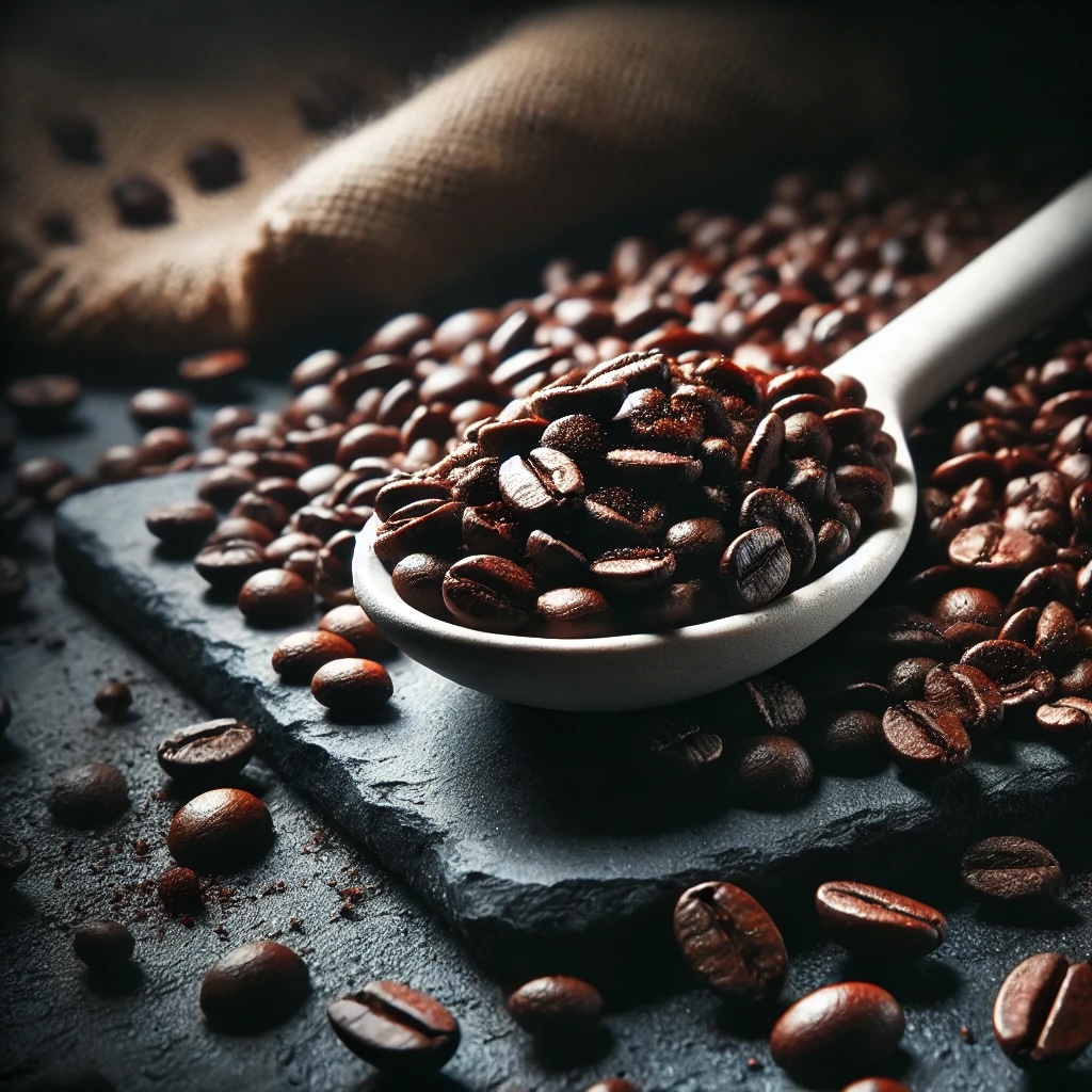 Dark slate with coffee beans overflowing a coffee scoop