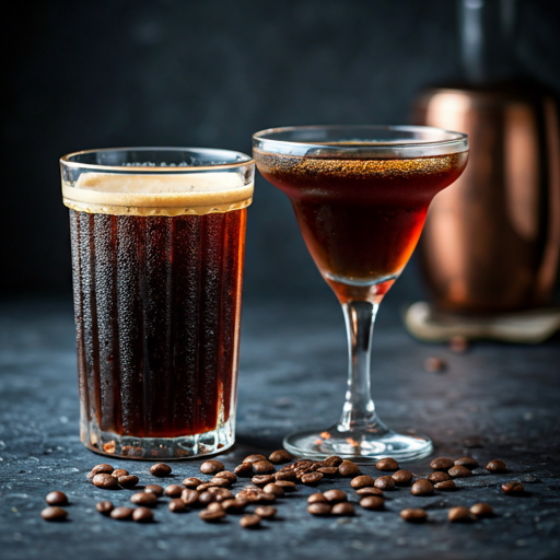 image of a Bubbly & Boozy Cold Brew and cold brew espresso martini on a dark slate background with a few scattered coffee beans on the dark surface