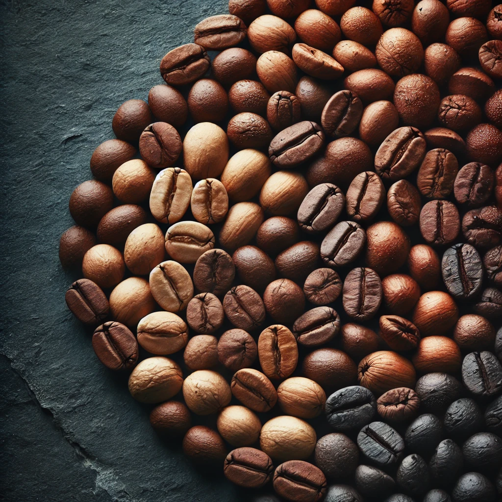 A close up pile of coffee beans of different degrees of roasting