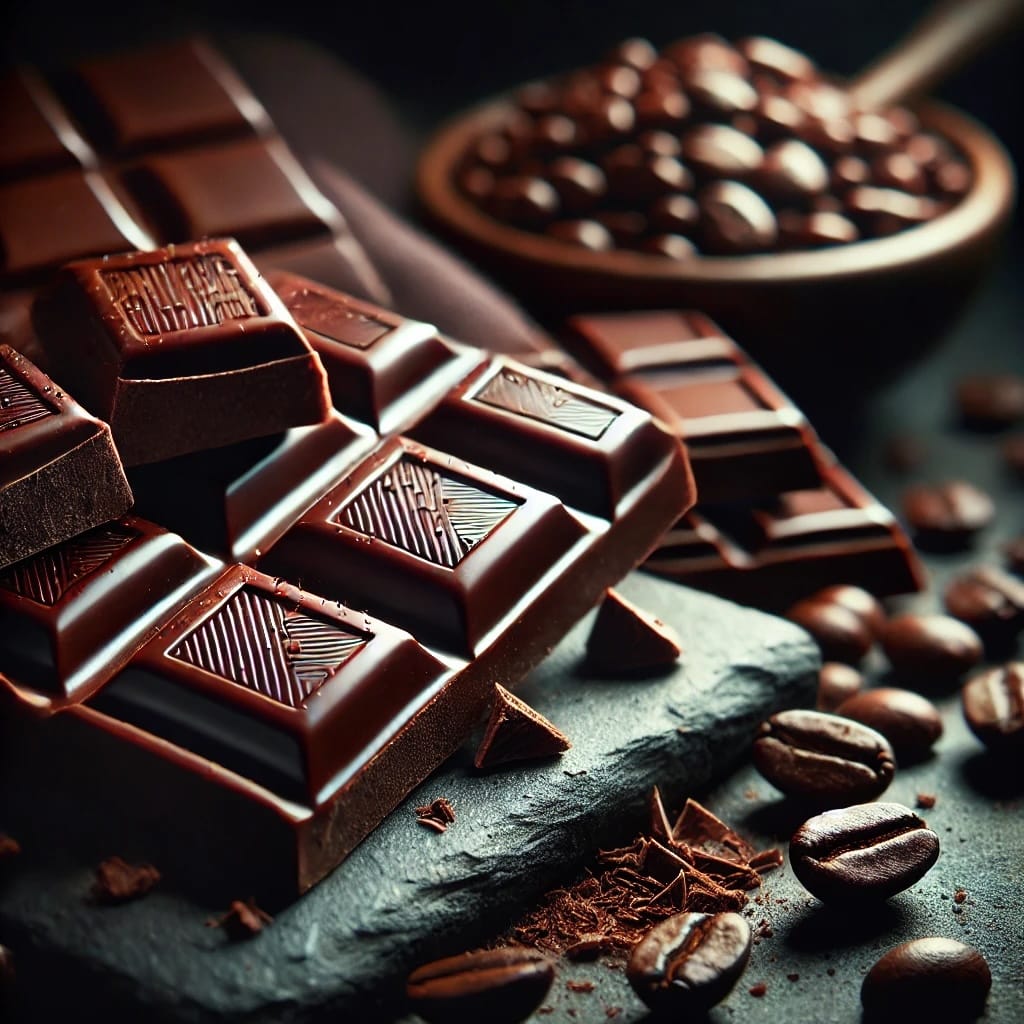 A visually rich composition featuring dark chocolate piece and coffee beans